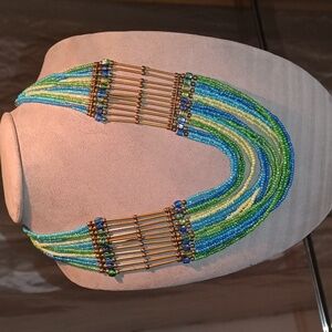 Beautiful statement brass and seed bead statement necklace 20 and 1/2 in long